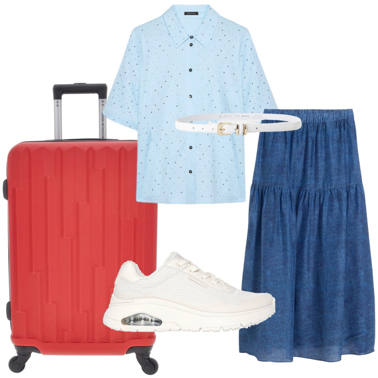 Outfit donna - Accessorio urbano. Stile Casual per Tutti i giorni. Abbinamento con gonne lunghe, cinture, camicie a manica corta, valigie, sneakers.