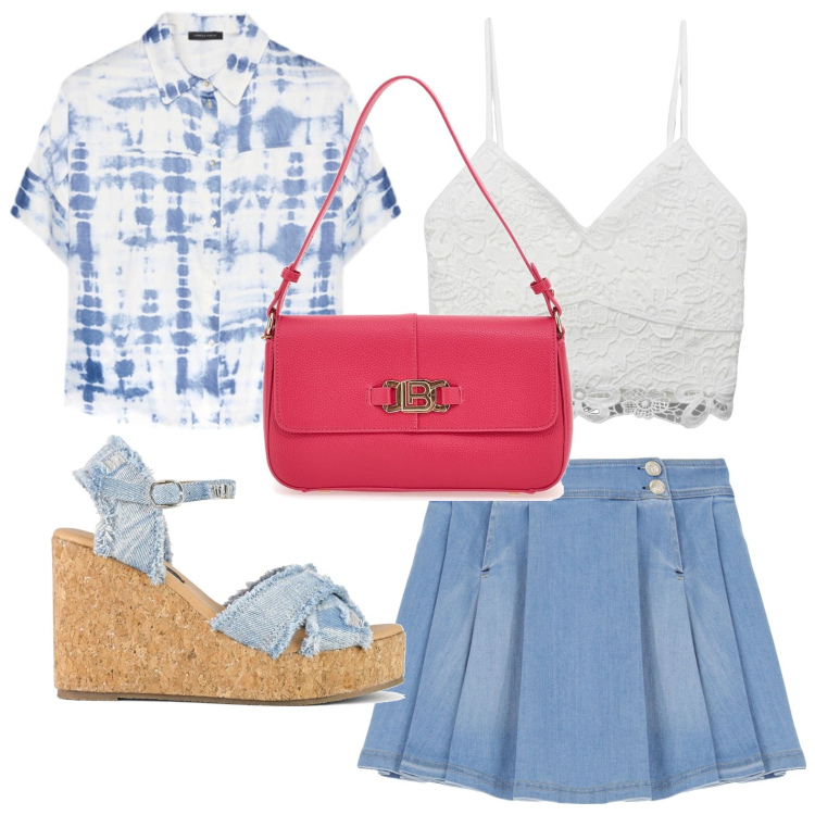Outfit donna - Camicia tie and dye. Stile Casual per Tutti i giorni. Abbinamento con canottiere, minigonne, camicie, borse a spalla, zeppe.