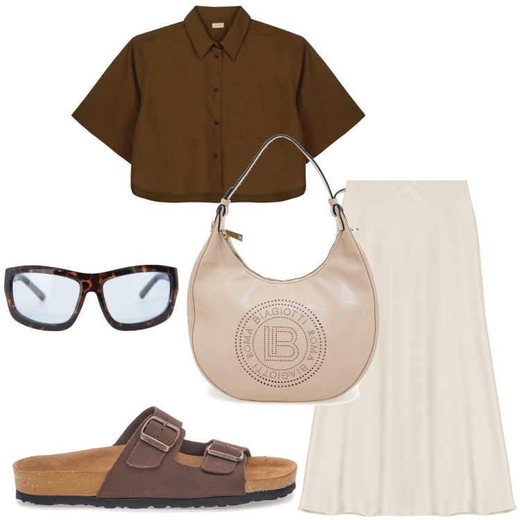 Outfit donna - Perfetta con la gonna. Stile Minimal per Tutti i giorni. Abbinamento con occhiali da sole, gonne longuette, borse a spalla, ciabatte, camicie a manica corta.
