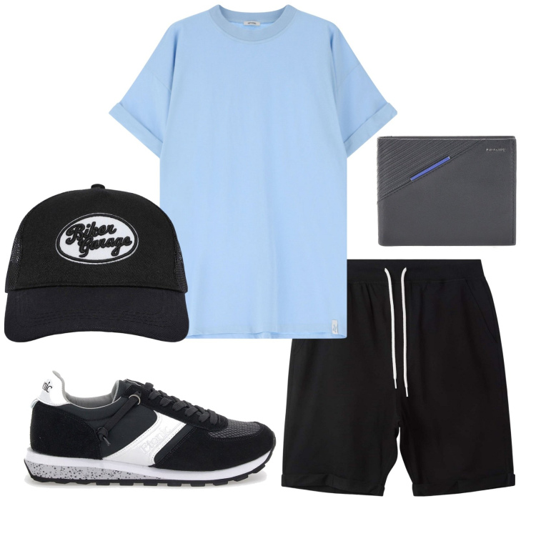 Outfit uomo - Total look #2229522. Stile Casual per Sport. Abbinamento con cappelli, pantaloni corti, t-shirt, portafogli, sneakers.