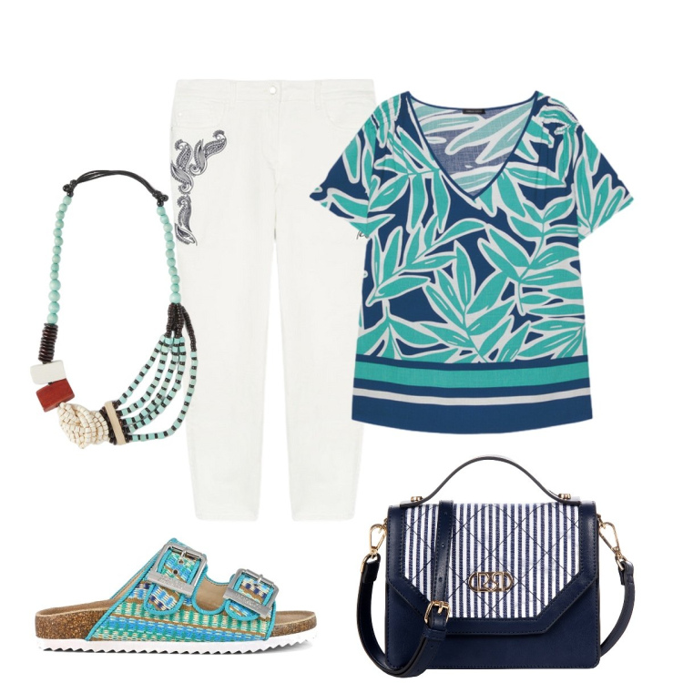 Outfit donna - Turchese colore vibrante. Stile Casual chic per Tutti i giorni. Abbinamento con borse a mano, pantaloni, bluse, sandali, collane.