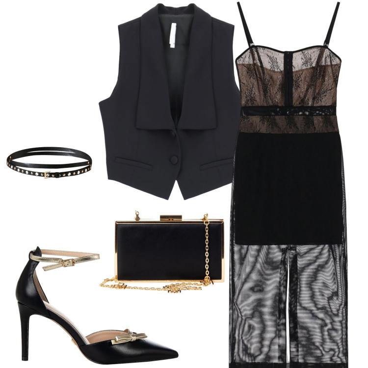 Outfit donna - Serata chic. Stile Chic per Serata fuori. Abbinamento con décolleté, pochette, cinture, gilet, vestiti midi/longuette.