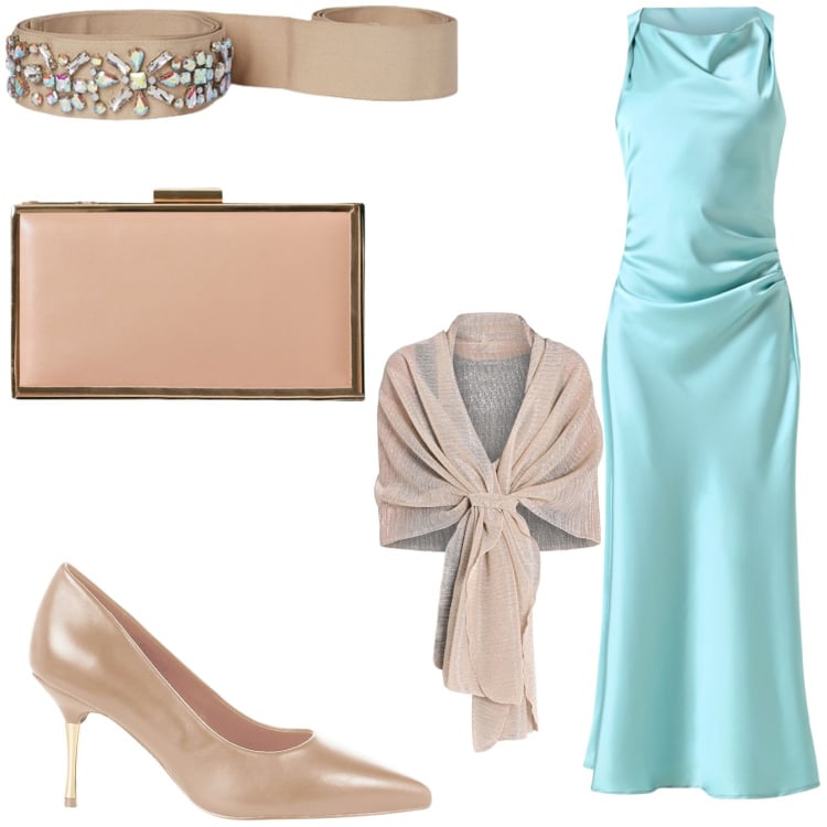 Outfit donna - Total look #2229527. Stile Chic per Cerimonia. Abbinamento con stole, pochette, décolleté, vestiti lunghi, cinture.