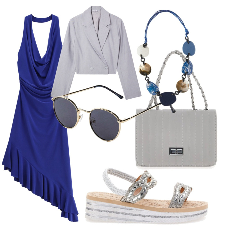 Outfit donna - Serata al mare. per Tutti i giorni. Abbinamento con occhiali da sole, blazer, vestiti asimmetrici, sandali gioiello, borse a tracolla, collane.