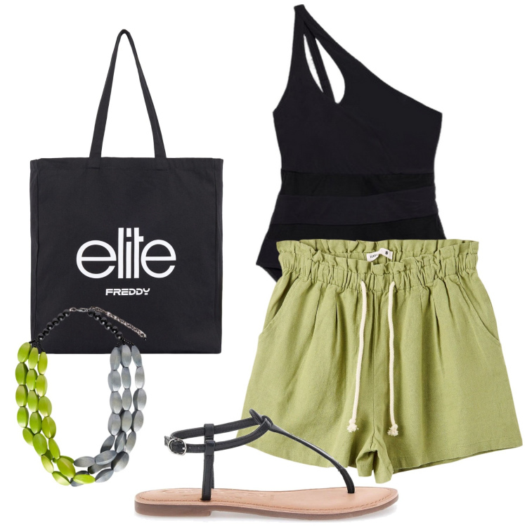 Outfit donna - In Riviera. Stile Casual chic per Mare. Abbinamento con shorts, shopping bag, collane, ciabatte, costumi interi.