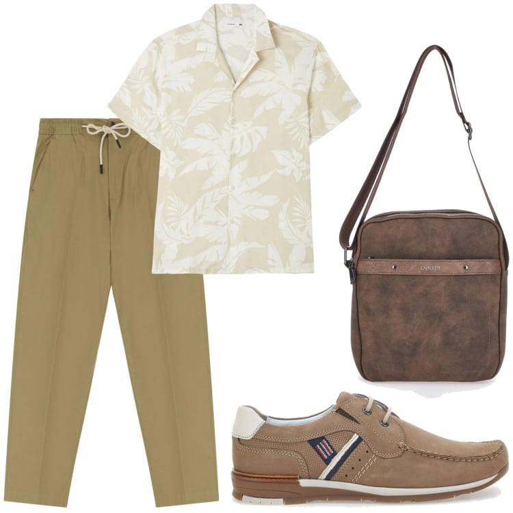 Outfit uomo - Fresco agosto. Stile Trendy per Tutti i giorni. Abbinamento con camicie a manica corta, pantaloni chino, portafogli, scarpe stringate.