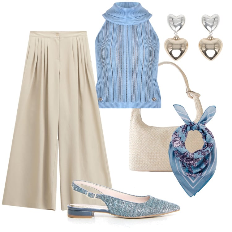 Outfit donna - Dettagli turchese all’aperitivo. Stile Bon Ton per Tutti i giorni. Abbinamento con shopping bag, foulard, orecchini, top, pantaloni a palazzo, décolleté.