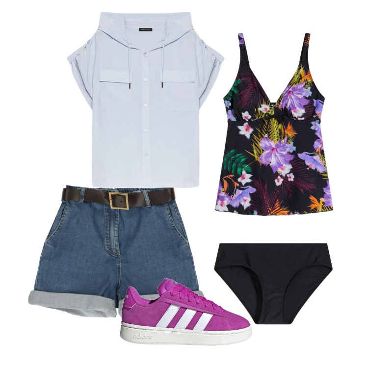 Outfit donna - Smart and free. Stile Sporty chic per Mare. Abbinamento con costumi interi, bermuda, camicie a manica corta, sneakers.