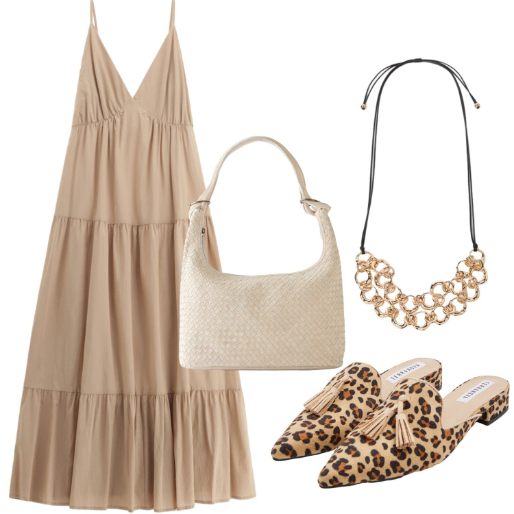 Outfit donna - Il sabot trendy. Stile Trendy per Tutti i giorni. Abbinamento con shopping bag, sabot, vestiti lunghi, collane.