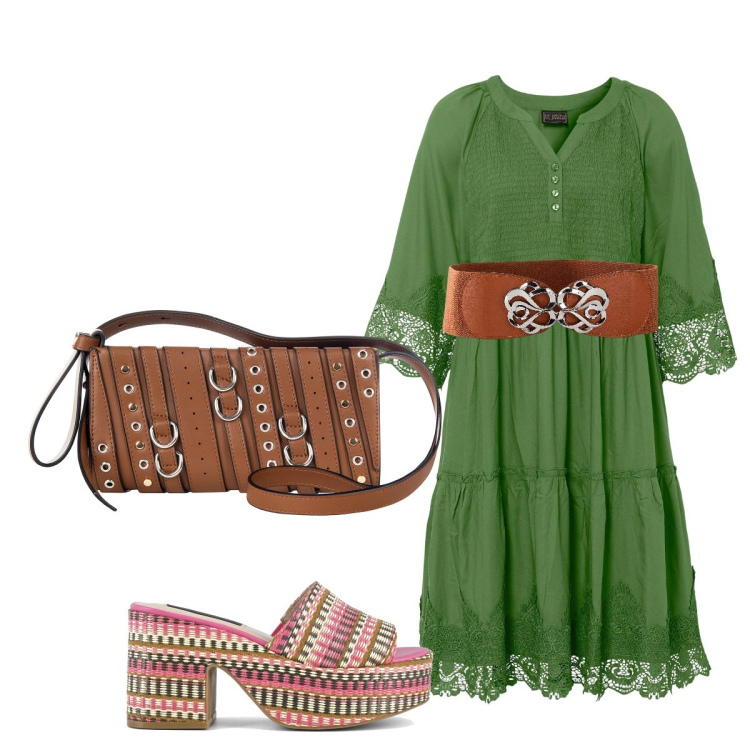 Outfit donna - Abito verde erba. Stile Etnico per Tutti i giorni. Abbinamento con vestiti chemisier, cinture, borse a spalla, zeppe.