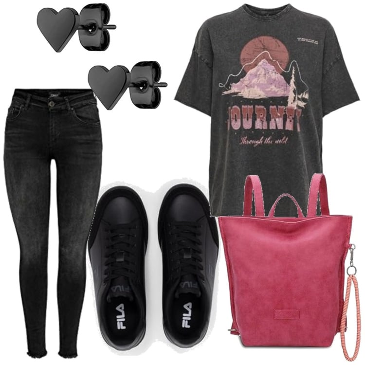 Outfit femme - Basique #4393. Style Basique pour Tous les jours. Assortir avec hauts, sneakers, boucles d'oreilles, jean skinny, sacs à dos.