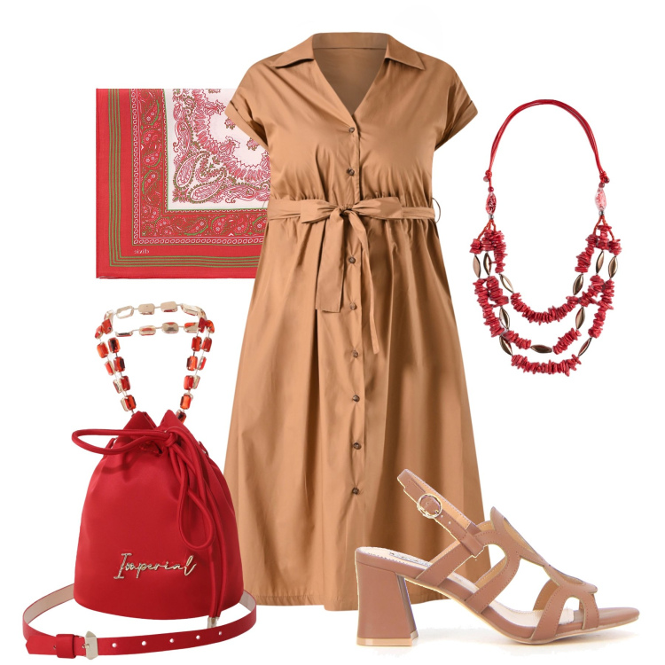 Outfit donna - Lo chemisier al lavoro. Stile Casual chic per Ufficio. Abbinamento con vestiti chemisier, borse a secchiello, foulard, sandali col tacco, collane.