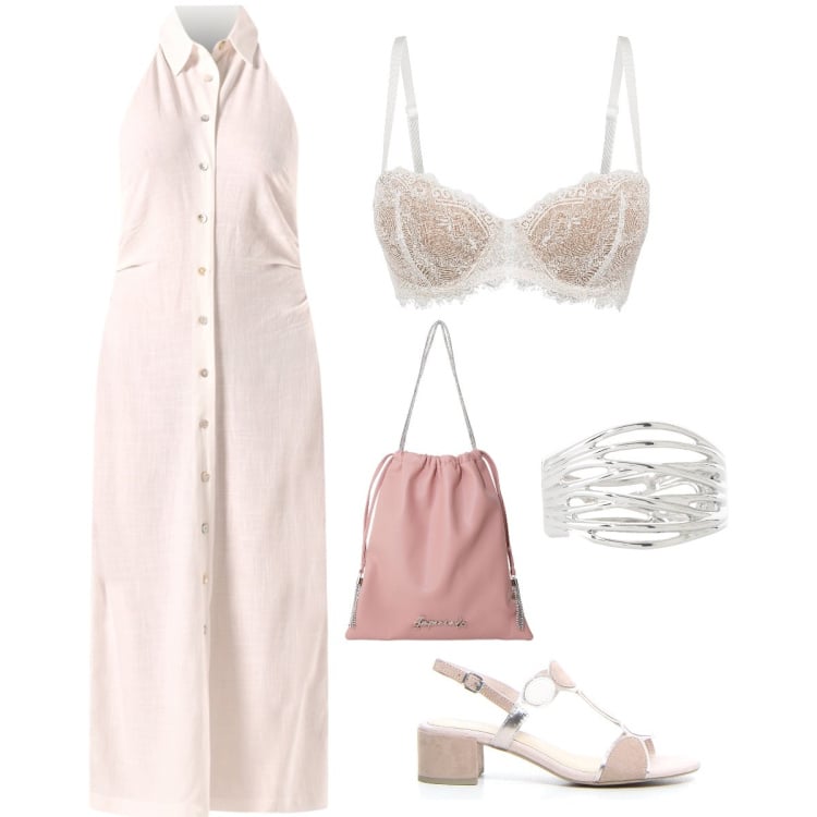Outfit donna - How light you are?. Stile Casual chic per Serata fuori. Abbinamento con reggiseni a balconcino, vestiti chemisier, borse a secchiello, braccialetti, sandali col tacco.