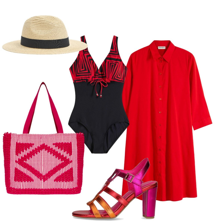 Outfit donna - Estate rosso fuoco. Stile Chic per Mare. Abbinamento con vestiti chemisier, costumi interi, cappelli, borse a mano, sandali col tacco.