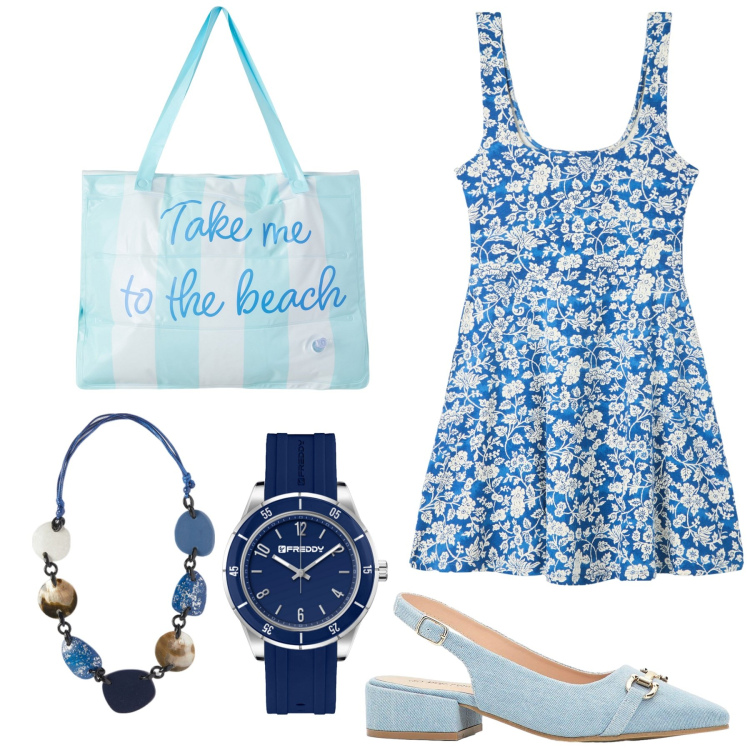 Outfit donna - Mare blu e azzurro. Stile Chic per Mare. Abbinamento con décolleté, vestiti corti, borse tote, orologi, collane.