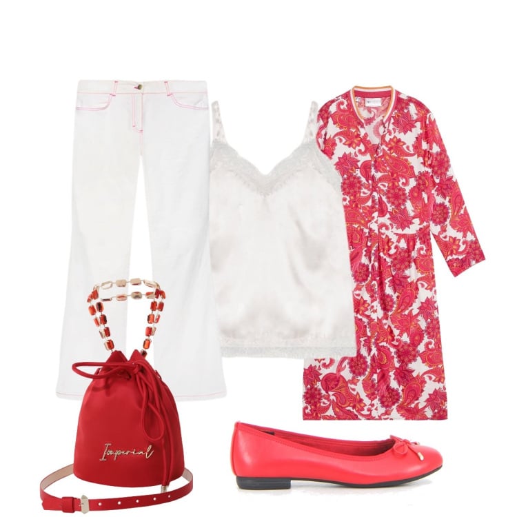 Outfit donna - L’abito come un caftano. Stile Etnico per Serata fuori. Abbinamento con vestiti chemisier, borse a secchiello, canottiere, pantaloni, ballerine.