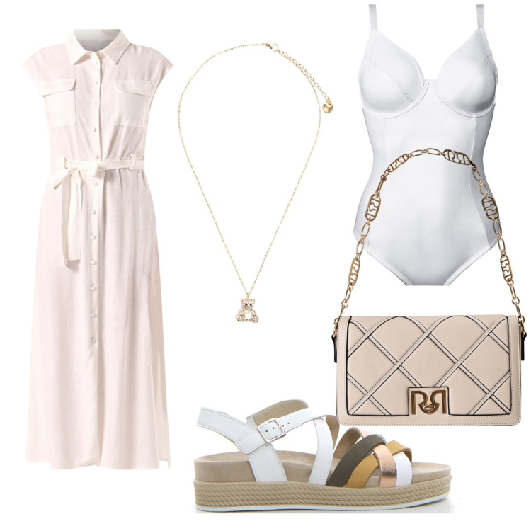 Outfit donna - Chemisier bianco. per Serata fuori. Abbinamento con body, vestiti chemisier, borse a tracolla, ciondoli, sandali.