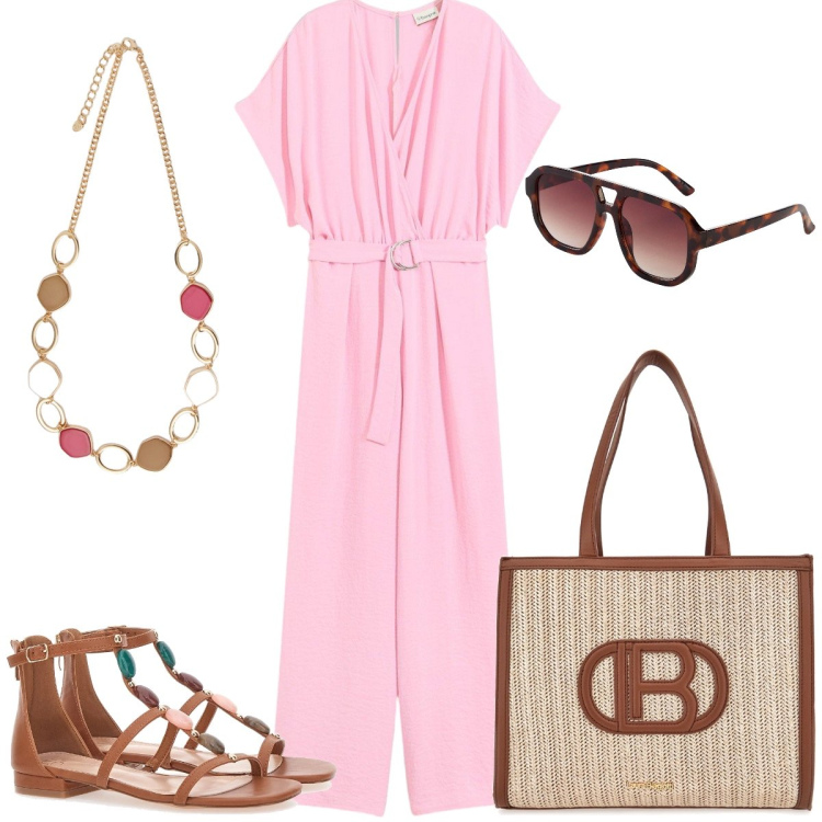 Outfit donna - In città. Stile Casual per Tutti i giorni. Abbinamento con tute, occhiali da sole, sandali gioiello, borse a spalla, collane.