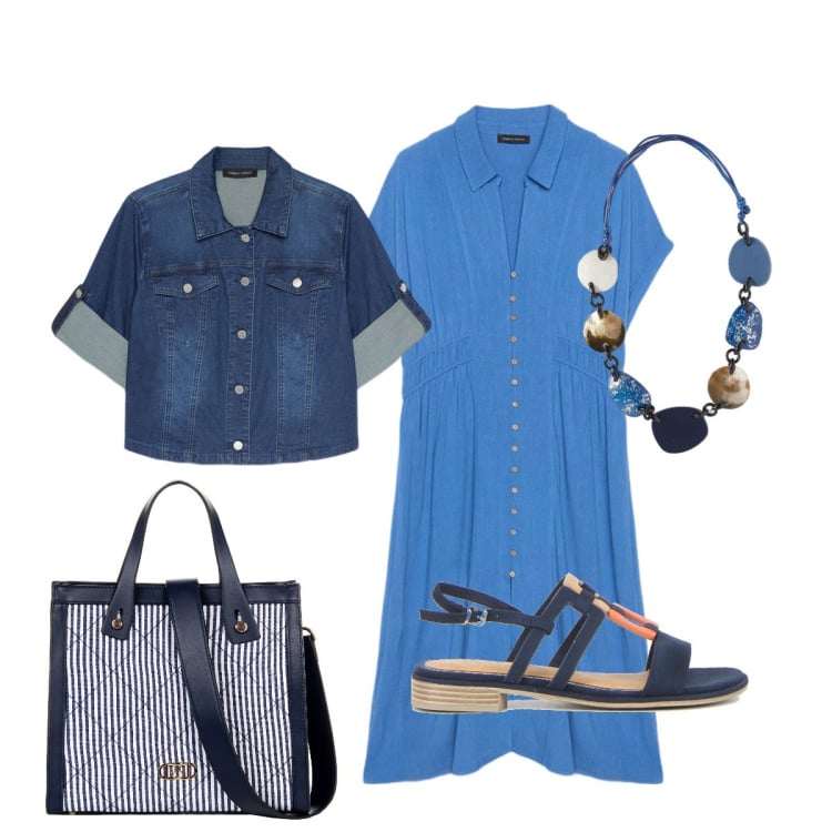 Outfit donna - Agosto con Fiorella Rubino. Stile Casual chic per Ufficio. Abbinamento con shopping bag, vestiti chemisier, blazer, sandali, collane.