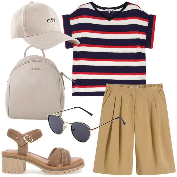 Outfit donna - Turista. Stile Casual chic per Tutti i giorni. Abbinamento con bermuda, cappelli con visiera, occhiali da sole, t-shirt, zaini, sandali in pelle.
