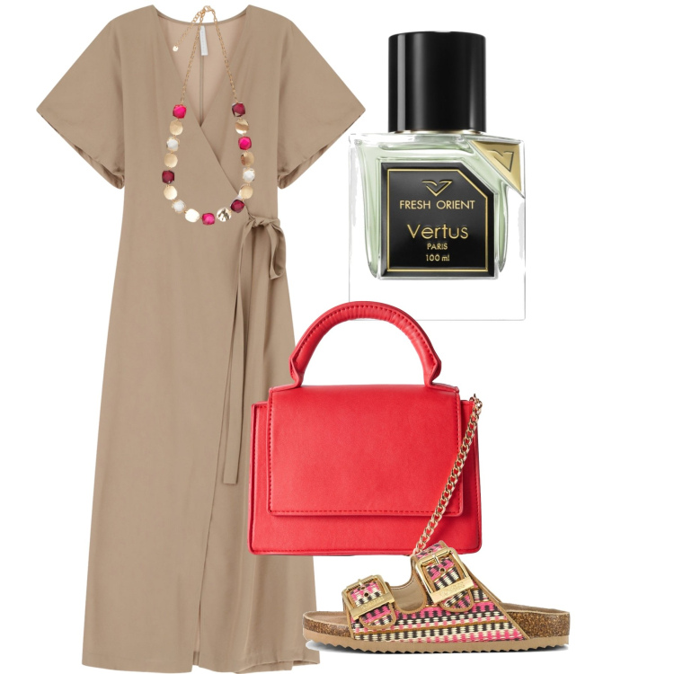 Outfit donna - Agosto. Stile Bon Ton per Tutti i giorni. Abbinamento con profumi, borse a tracolla, vestiti lunghi, collane, sandali.