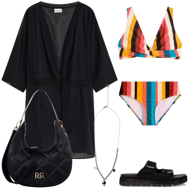 Outfit donna - Al mare. Stile Chic per Mare. Abbinamento con vestiti da spiaggia, bikini, borse a tracolla, ciondoli, ciabatte.