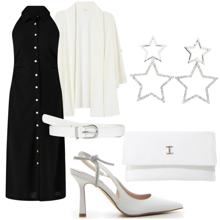 Outfit donna - Cena per 2. Stile Chic per Serata fuori. Abbinamento con orecchini, blazer, cinture, vestiti chemisier, borse a tracolla, décolleté.