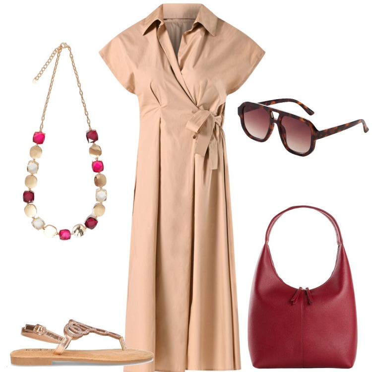 Outfit donna - Total look #2229592. Stile Casual chic per Tutti i giorni. Abbinamento con shopping bag, occhiali da sole, vestiti chemisier, collane, sandali in pelle.