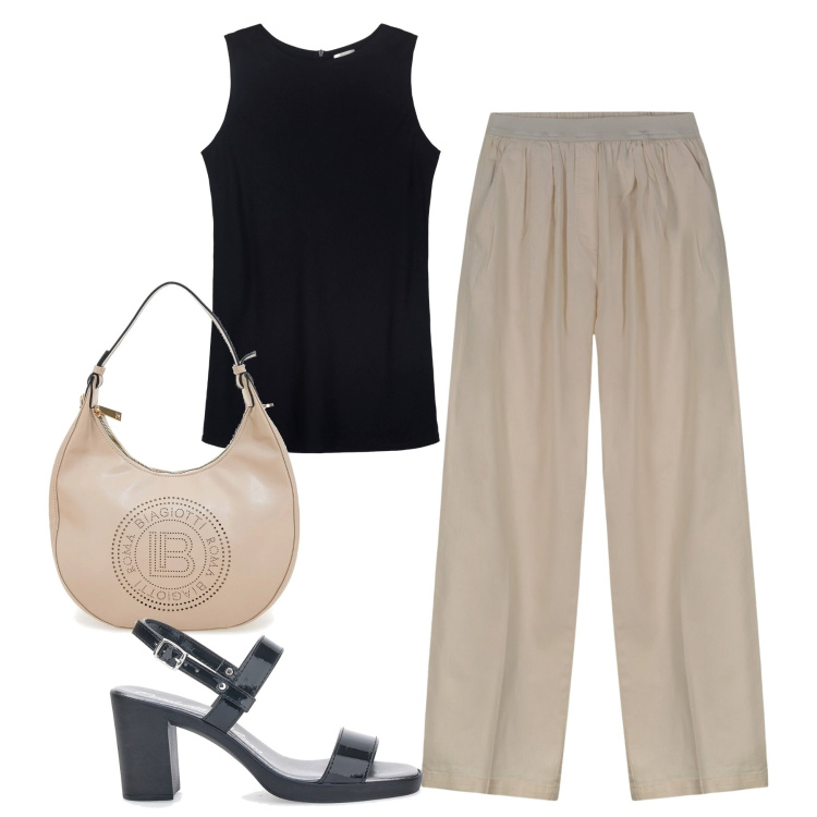 Outfit donna - Doppelganger. Stile Basic per Tutti i giorni. Abbinamento con pantaloni, top, sandali col tacco, borse a spalla.