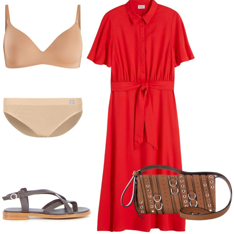 Outfit donna - Total look #2229597. Stile Casual chic per Tutti i giorni. Abbinamento con vestiti chemisier, borse a spalla, reggiseni a balconcino, culotte, sandali.