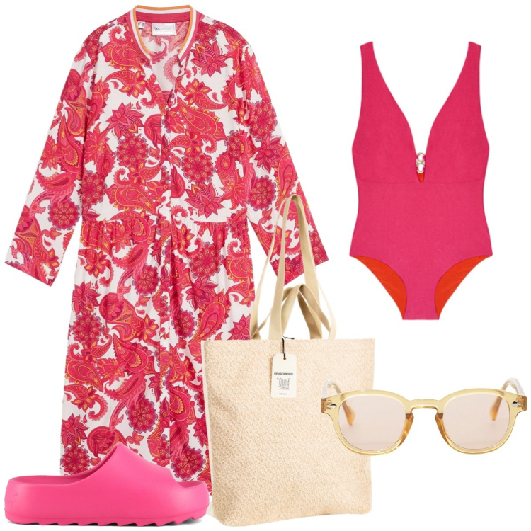 Outfit donna - Total look #2229602. Stile Romantica per Mare. Abbinamento con vestiti chemisier, borse tote, occhiali da sole, costumi interi, ciabatte.