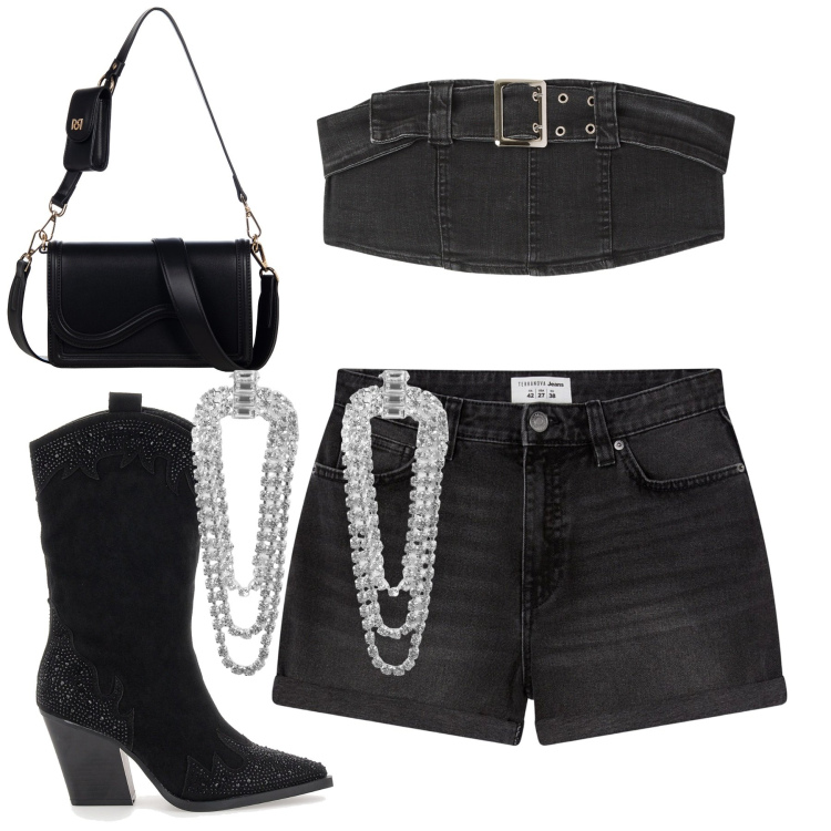 Outfit donna - Serata. Stile Casual per Serata fuori. Abbinamento con top, orecchini, shorts, pochette, stivaletti.