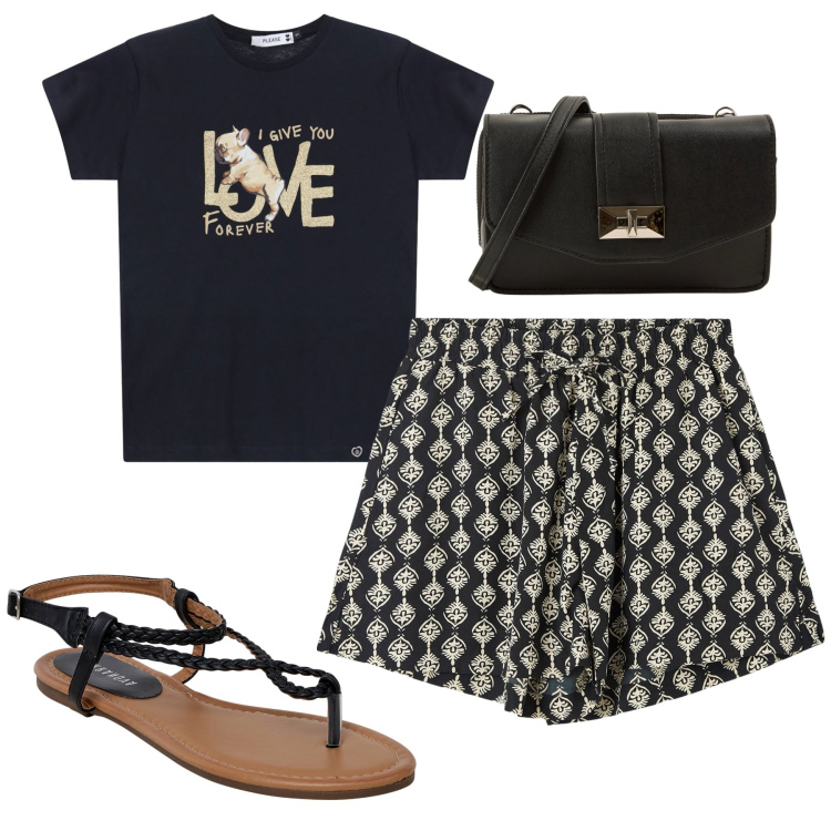 Outfit donna - Agosto. Stile Basic per Tutti i giorni. Abbinamento con shorts, ciabatte, borse a tracolla, t-shirt.