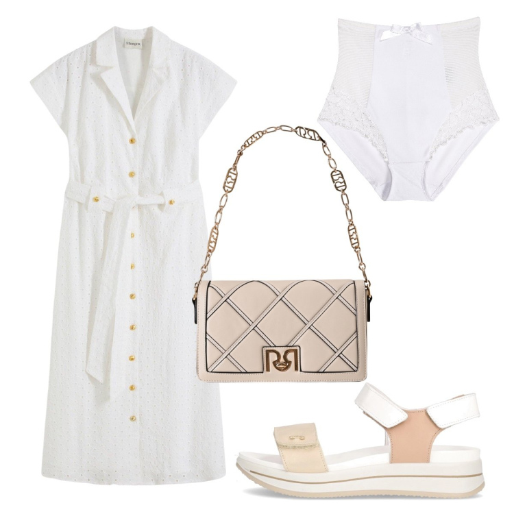 Outfit donna - L’abito chemisier traforato. Stile Bon Ton per Tutti i giorni. Abbinamento con vestiti chemisier, culotte, borse a tracolla, sandali.