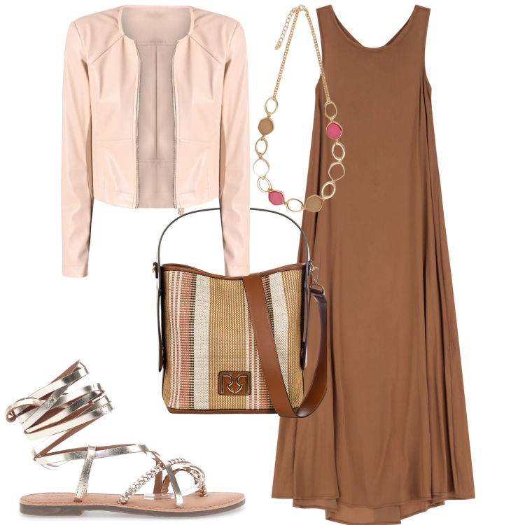Outfit donna - Chocolate. Stile Urban per Tutti i giorni. Abbinamento con giacche, borse a secchiello, vestiti lunghi, collane, sandali alla schiava.