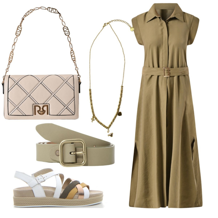 Outfit donna - Lo chemisier verde militare. Stile Bon Ton per Tutti i giorni. Abbinamento con borse a tracolla, vestiti chemisier, ciondoli, cinture, sandali.