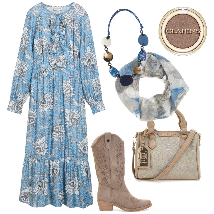 Outfit donna - Chic bohémien. Stile Boho per Tutti i giorni. Abbinamento con vestiti lunghi, ombretti, stivaletti texani, borse a tracolla, foulard, collane.