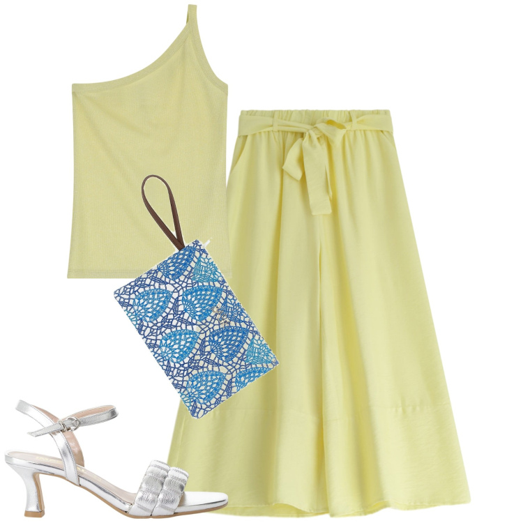 Outfit donna - Total look #2229628. Stile Urban per Tutti i giorni. Abbinamento con top, sandali col tacco, pantaloni, pochette.
