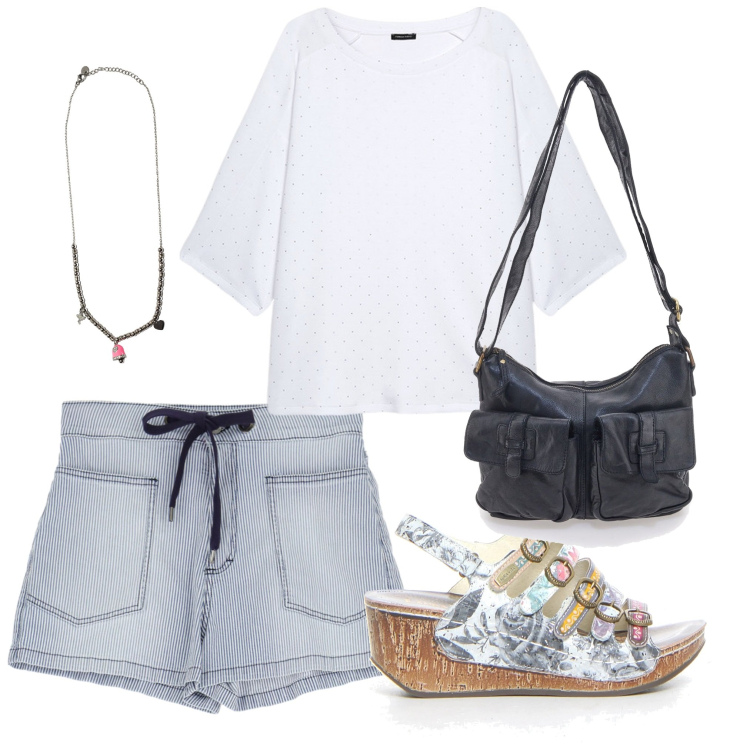 Outfit donna - Leggera in estate. Stile Trendy per Tutti i giorni. Abbinamento con shorts, ciondoli, borse a tracolla, felpe, sandali col tacco.