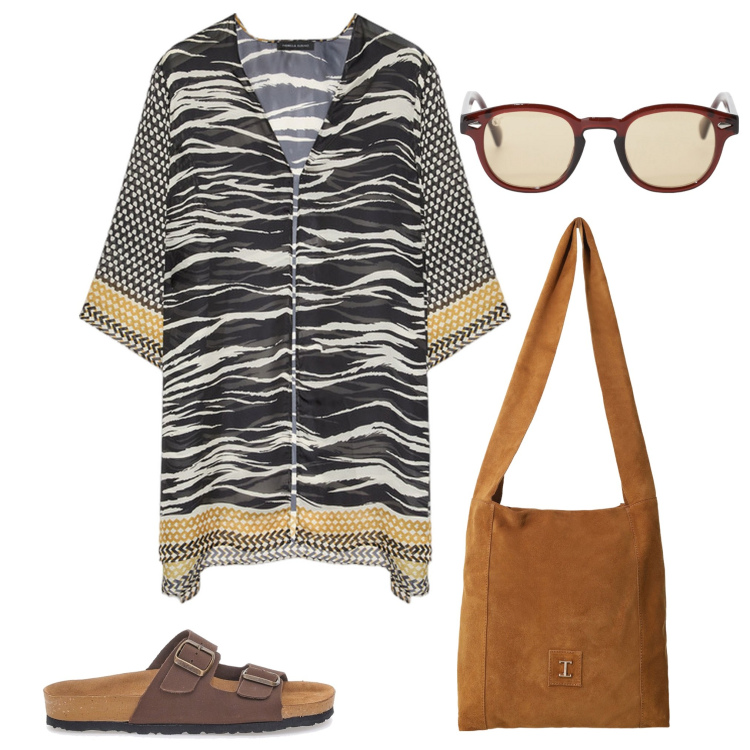 Outfit donna - Semplice con un abito. Stile Casual per Tutti i giorni. Abbinamento con borse a tracolla, occhiali da sole, caftani, ciabatte.