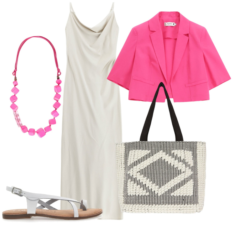 Outfit donna - Una festa in spiaggia. Stile Casual per Mare. Abbinamento con blazer, vestiti lunghi, shopping bag, sandali, collane.