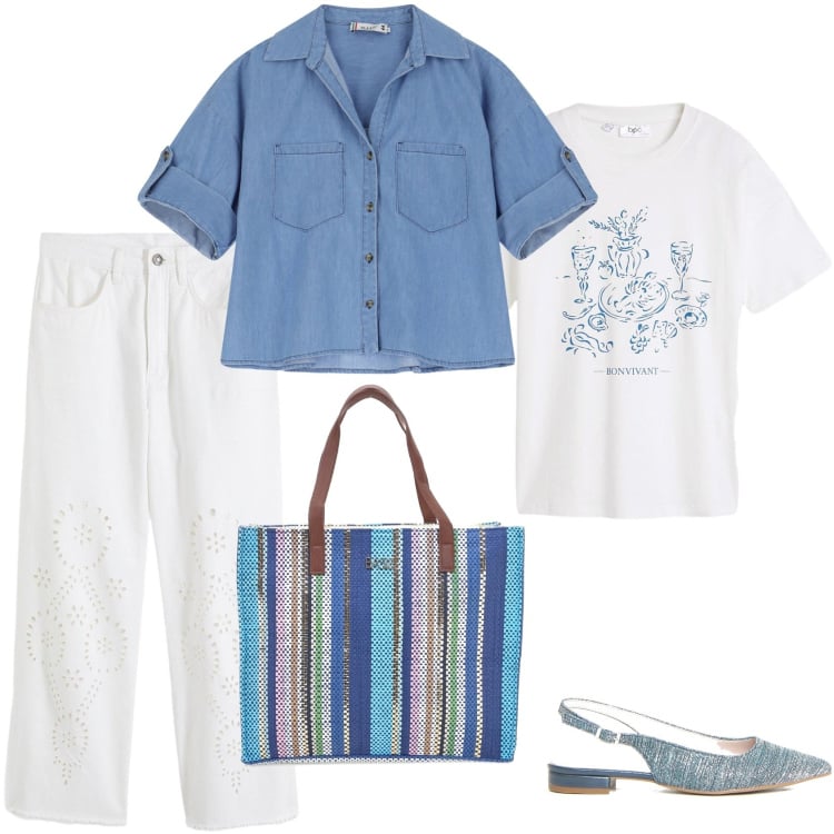 Outfit donna - Rientro in città. Stile Casual chic per Ufficio. Abbinamento con pantaloni, t-shirt, camicie, shopping bag, décolleté.