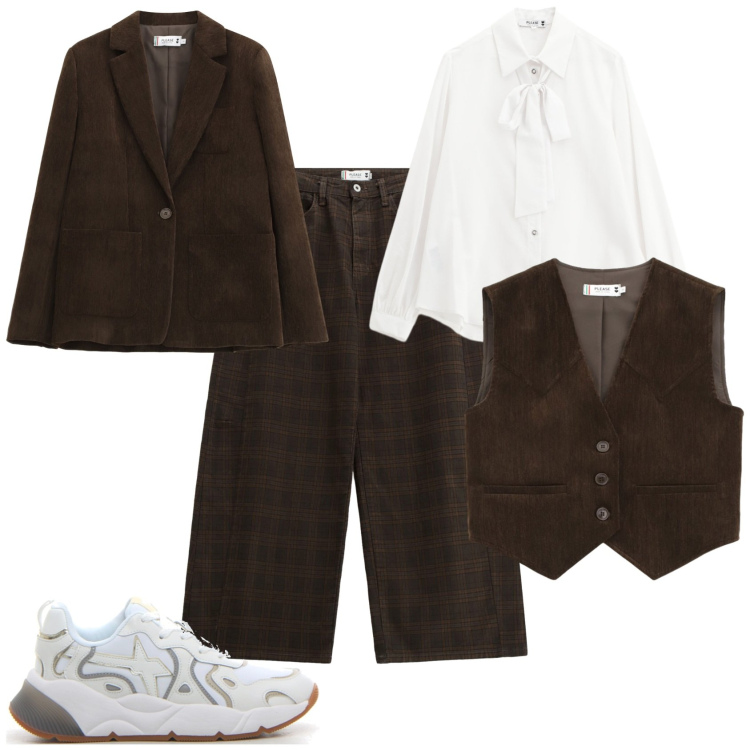 Outfit donna - Autunno. Stile Trendy per Tutti i giorni. Abbinamento con camicie, pantaloni, blazer, gilet, sneakers.