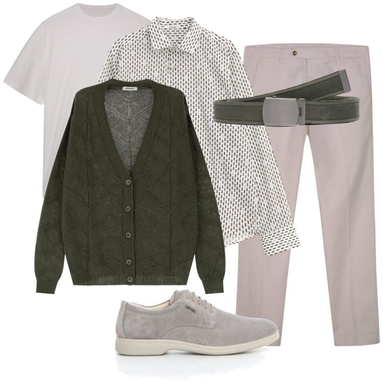 Outfit uomo - Total look #2229642. Stile Casual per Serata speciale. Abbinamento con cinture, cardigans, camicie, pantaloni chino, scarpe stringate, t-shirt.