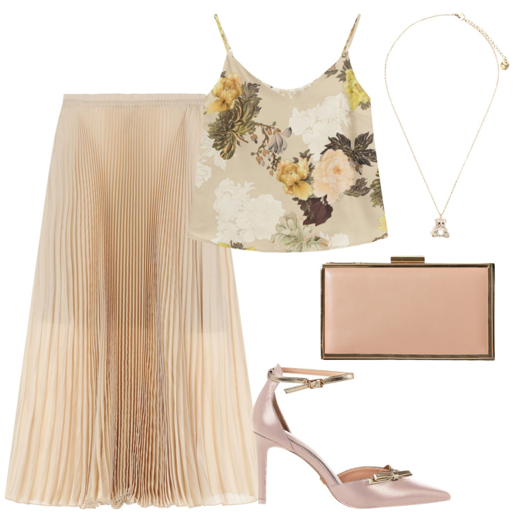 Outfit donna - Molto fine. Stile Romantica per Serata fuori. Abbinamento con décolleté, pochette, top, gonne lunghe, ciondoli.