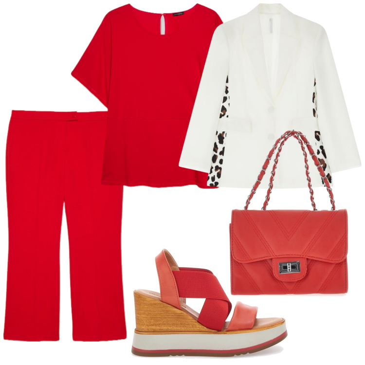 Outfit donna - Fiorella in rosso. Stile Casual chic per Tutti i giorni. Abbinamento con blazer, pantaloni, bluse, sandali, borse a tracolla.