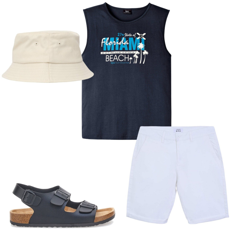 Outfit uomo - Miami beach. Stile Casual per Mare. Abbinamento con canottiere, cappelli, bermuda, sandali.