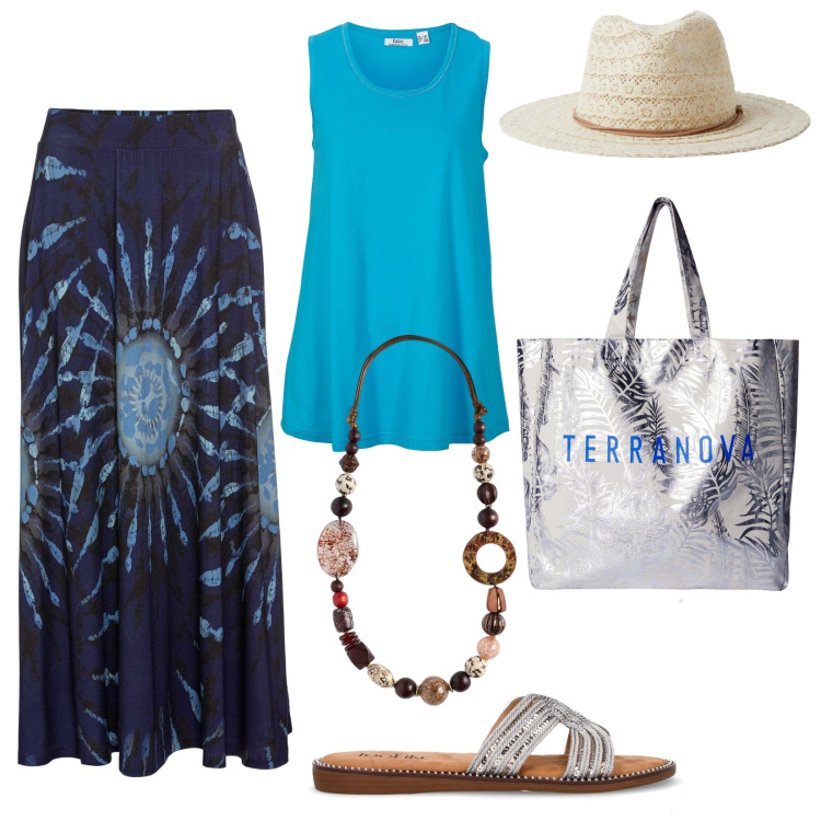 Outfit donna - Shopping in vacanza. Stile Casual chic per Tutti i giorni. Abbinamento con gonne, top, cappelli, borse tote, collane, ciabatte.