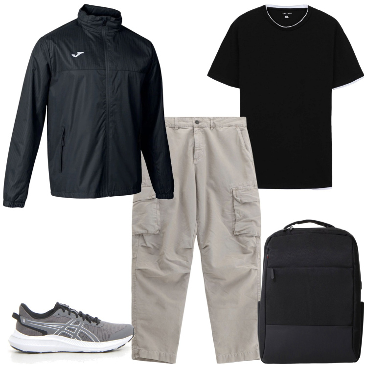 Outfit uomo - Verso la montagna. Stile Casual per Tutti i giorni. Abbinamento con t-shirt, pantaloni cargo, borse sportive, giacche, scarpe sportive.