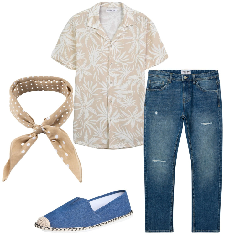 Outfit uomo - Cocktail in spiaggia. Stile Casual per Tutti i giorni. Abbinamento con espadrillas, camicie a manica corta, jeans strappati, sciarpe e foulard.